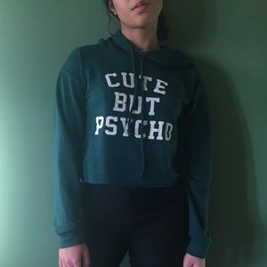Cute but psycho green cropped sweater with hood